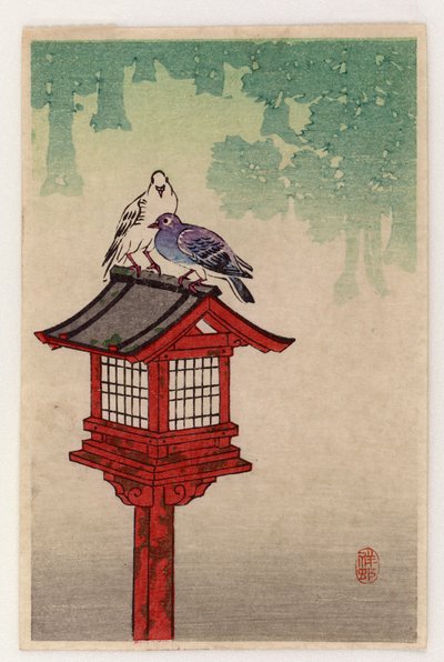 Pigeons On A Dedicatory Lantern by Ohara Koson